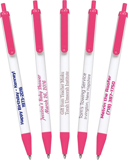 USA Made, Personalized Writing Ink Ballpoint Novelty Pens, Custom Printed with Your Logo & Text (Pack of 500 White Pens with Pink Trim)