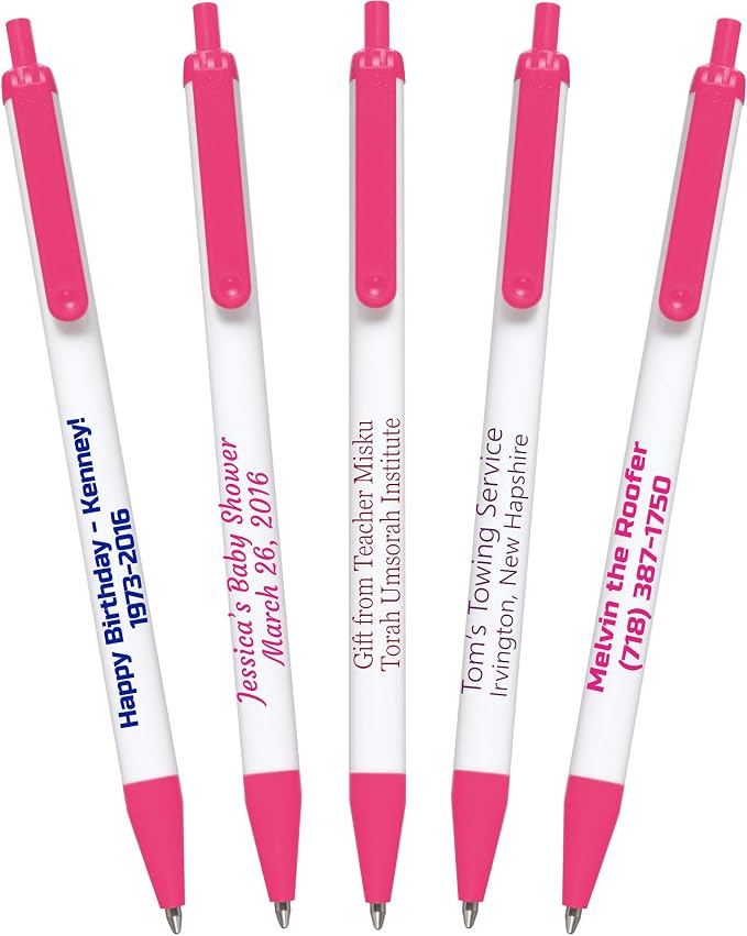 911PENS USA Made, Personalized Writing Ink Ballpoint Novelty Pens, Custom Printed with Your Logo & Text (Pack of 50 White Pens with Pink Trim)