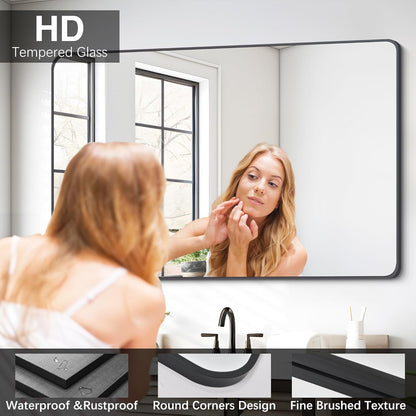 FORBATH Black Bathroom Mirror, Rectangular Vanity Mirror 26" X 38" Wall Mounted Rounded Corner Farmhouse Metal Framed Bath Mirror for Living Room Bedroom Entryway Decor, Hangs Horizontal or Vertical