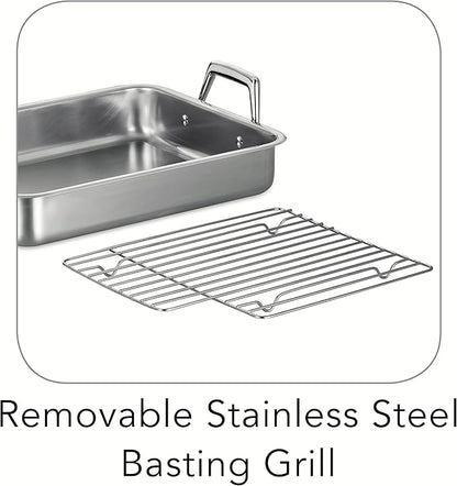 Tramontina 13.5-Inch Stainless Steel Roasting Pan with Rack, Turkey Roaster for Oven, Dishwasher Safe, Made in Brazil