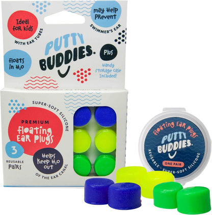 Earvolution Floating Putty Buddies Ear Plugs for Swimming - Invented by an Ear Physician - Moldable, Premium, Silicone - Floats on Water - Waterproof - Made in The USA - 3 Pack - Blue/Yellow/Green