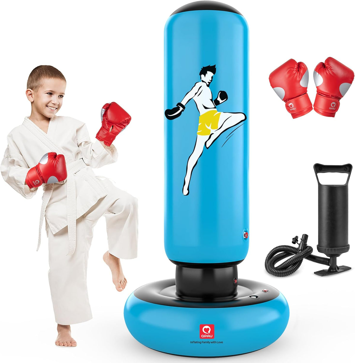 QPAU Kids Punching Bag Toy with Boxing Gloves, 66 Inch Larger Stable Kids Inflatable Boxing Bag Set, Gifts for Boys & Girls Age 6-12, for Practicing Karate, Taekwondo, MMA