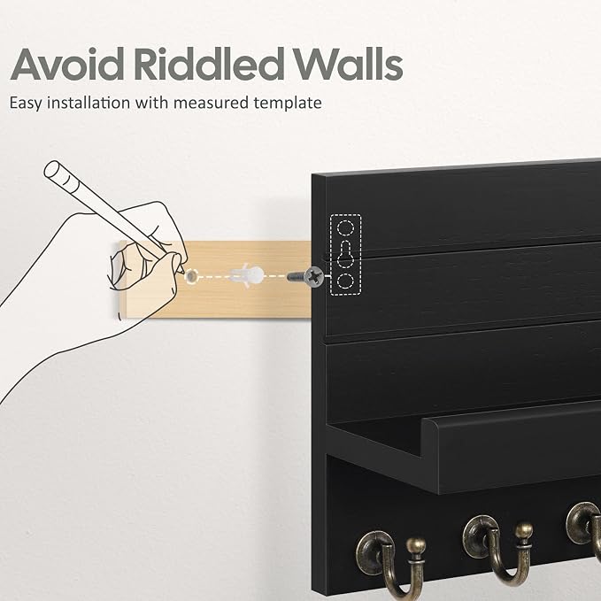 HONJIN Key Holder for Wall: Easy Installation Mail Organizer Wall Mount Hanging Key Rack for Kitchen and Entryway Decor with 5 Sturdy Key Hooks (Black)
