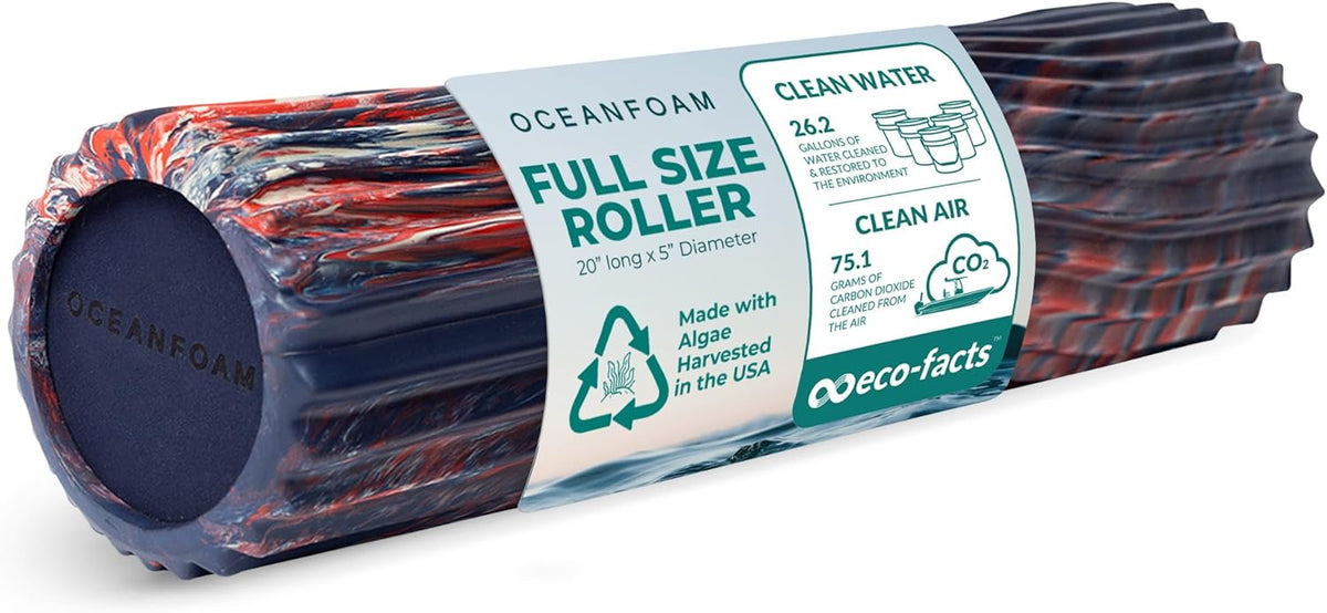 Oceanfoam Tidal Roller - Red, Dark Navy & Natural Marbled - Muscle Massage Foam Roller for Back Pain & Stretching - Firm & Ergonomic Wide Wave Textured - Yoga, Athletics, Wellness - Full Size 20" x 5"