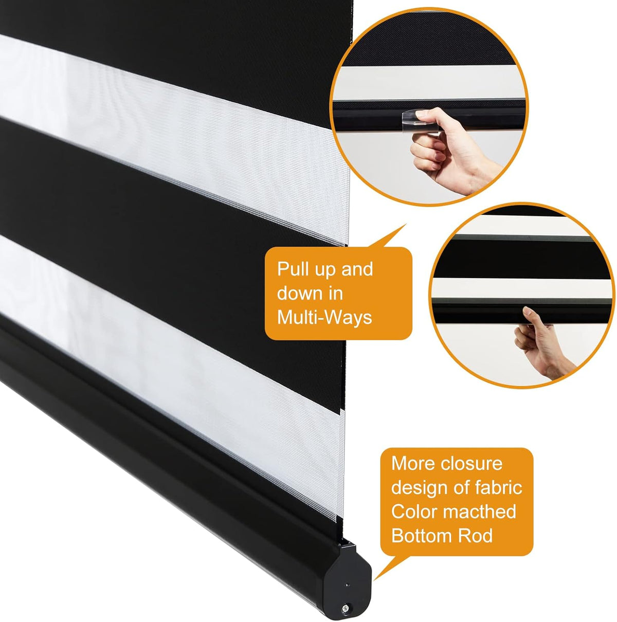 Persilux Cordless Zebra Blinds for Windows Free-Stop Roller Windows Shades (34" W X 72" H, Black) Dual Layer Light Control for Day and Night, Light Filtering Sheer Shades for Home, Easy to Install