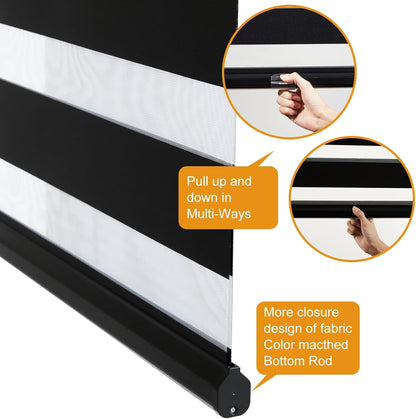 Persilux Custom Size Cordless Zebra Blinds for Windows Free-Stop Roller Windows Shades Dual Layer Light Control for Day and Night, Light Filtering Sheer Shades for Home and Bedroom Black