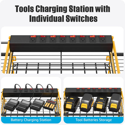 CCCEI Yellow Power Tool Organizer Wall Mount, Large Tools and Battery Storage Rack Charging Station Individual Switches. Drills Holder, Garage Utility Shelves with 6FT Power Strip. Gift for Men.