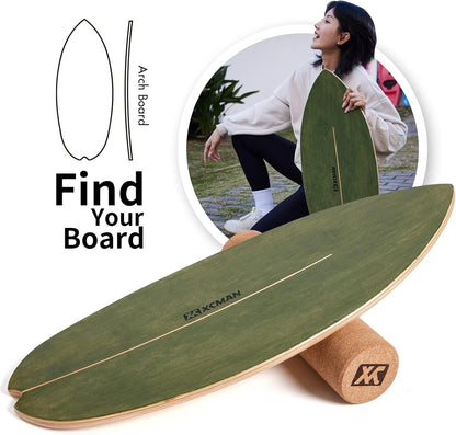 XCMAN Surf Balance Board Trainer with Roller Wooden Exercise Balancing Stability Trainer - Non Slip Surface for Adults Kids|Balance Board for Surfing,Snowboarding,Skateboarding,Hockey,Yoga Training