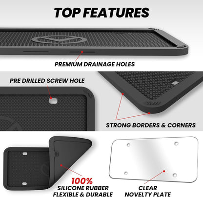 2 Pcs Silicone License Plate Frames with Polycarbonate Covers, Rust-Proof, Weather-Resistant, Easy Installation, Premium License Plate Protector for Cars with 2 Drainage Holes