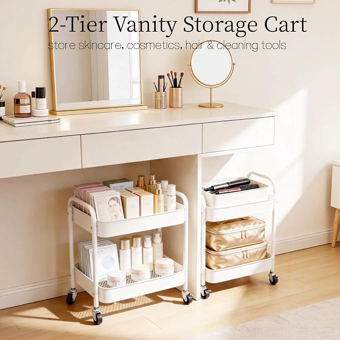 Under Desk Storage Cart 2 Tier Utility Rolling Cart with Wheels, Small Metal Mobile Trolley with Handle Two Tiered Utility Organizer Roller for Kitchen Office Bathroom Pantry Room, White