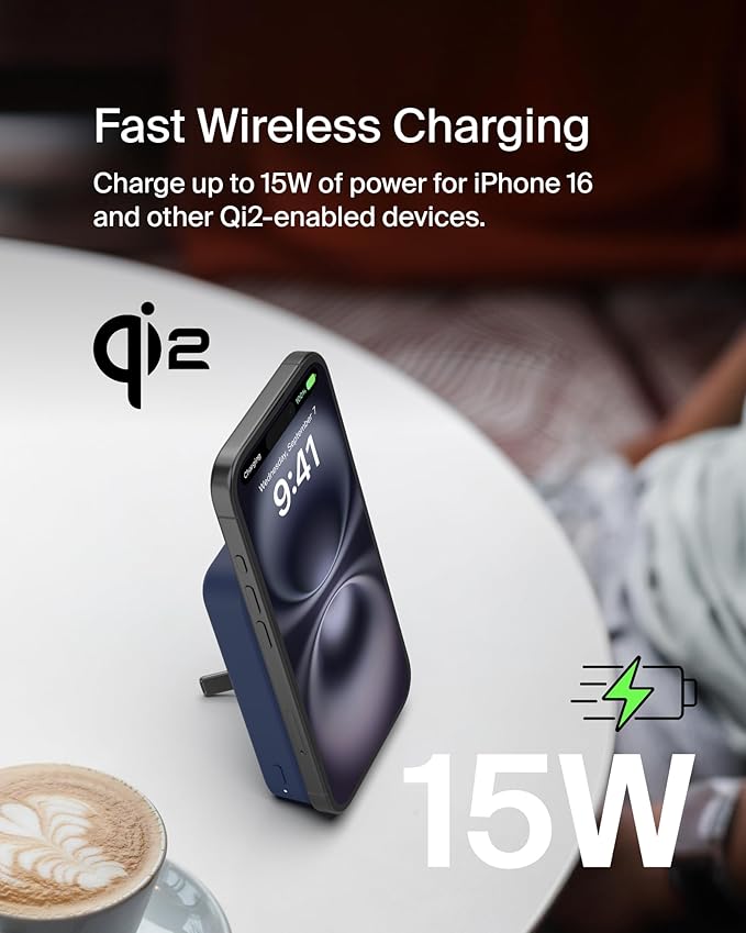 Belkin Portable Charger, Wireless Power Bank 15W 10000 mAh w/ Qi2, MagSafe Charger + Built-in Pop-up Kickstand - iPhone 17, Air, Pro, Pro Max, AirPods, Apple Watch, Google Pixel 10, etc. - Blue