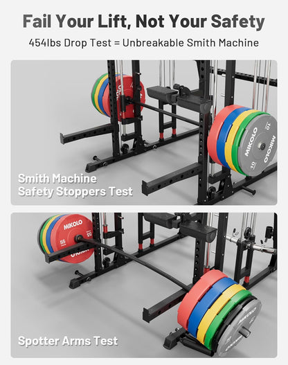 Mikolo Smith Machine, 2200lbs Squat Rack with LAT-Pull Down System & Cable Crossover Machine, Training Equipment with Leg Hold-Down Attachment