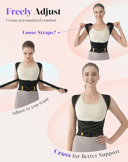 Posture Corrector for Women and Men, Full Back Support Brace, Adjustable Shoulder Straightener, Improving Posture, Relief Upper and Lower Back, Neck Pain, Black Yellow, Large
