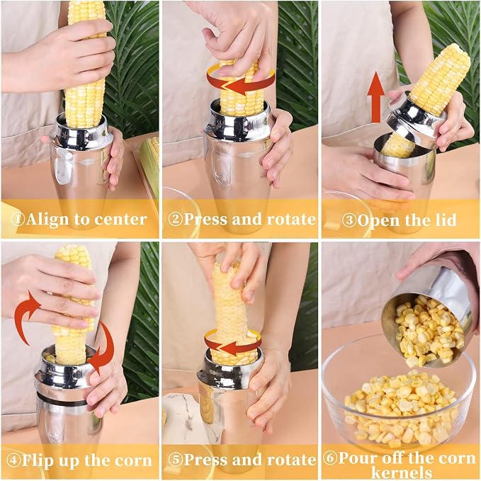 Newness Corn Stripper Peeler & Cutter with Cup, 304 Stainless Steel Cob Thresher, Off-Cob Kernel Remover & Slicer with Serrated Blade for Home & Kitchen