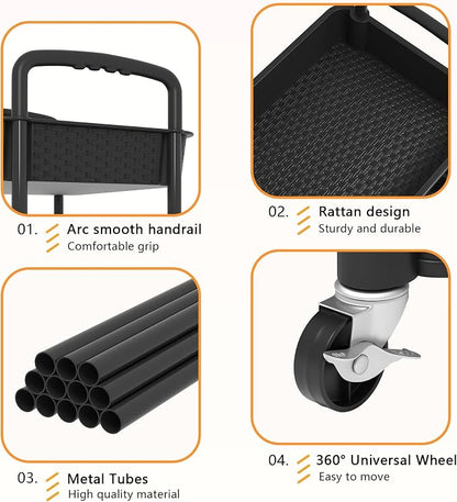 MOYIPIN 3-Tier Plastic Rolling Utility Cart with Handle,Utility Storage Cart for Office, Living Room, Kitchen,Movable Storage Organizer Shelves,Black