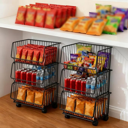 Maxdot 2 Pack 3 Tier Rolling Pantry Floor Organizer and Storage Cart with Wheels Stackable Pantry Metal Wire Baskets Kitchen Fruit Snacks Basket Stand for Kitchen Office Living Room(Black)