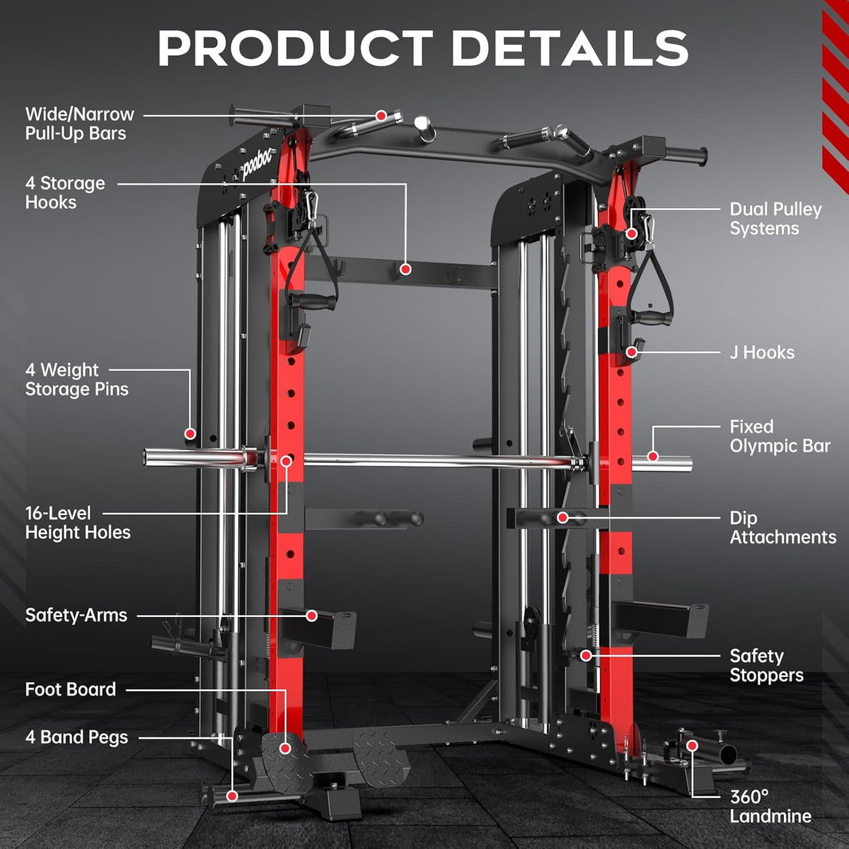 Pooboo Multi-Functional Machine Power Cage, 2000LB Squat Rack, LAT-Pull Down System, Dual Pulley Cable Crossover System, Home Gym Workout Machine with Strength Training Attachments