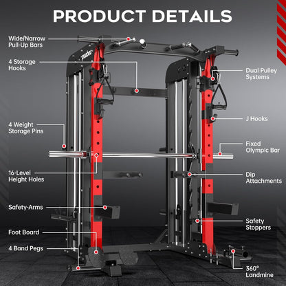 Pooboo Multi-Functional Machine Power Cage, 2000LB Squat Rack, LAT-Pull Down System, Dual Pulley Cable Crossover System, Home Gym Workout Machine with Strength Training Attachments