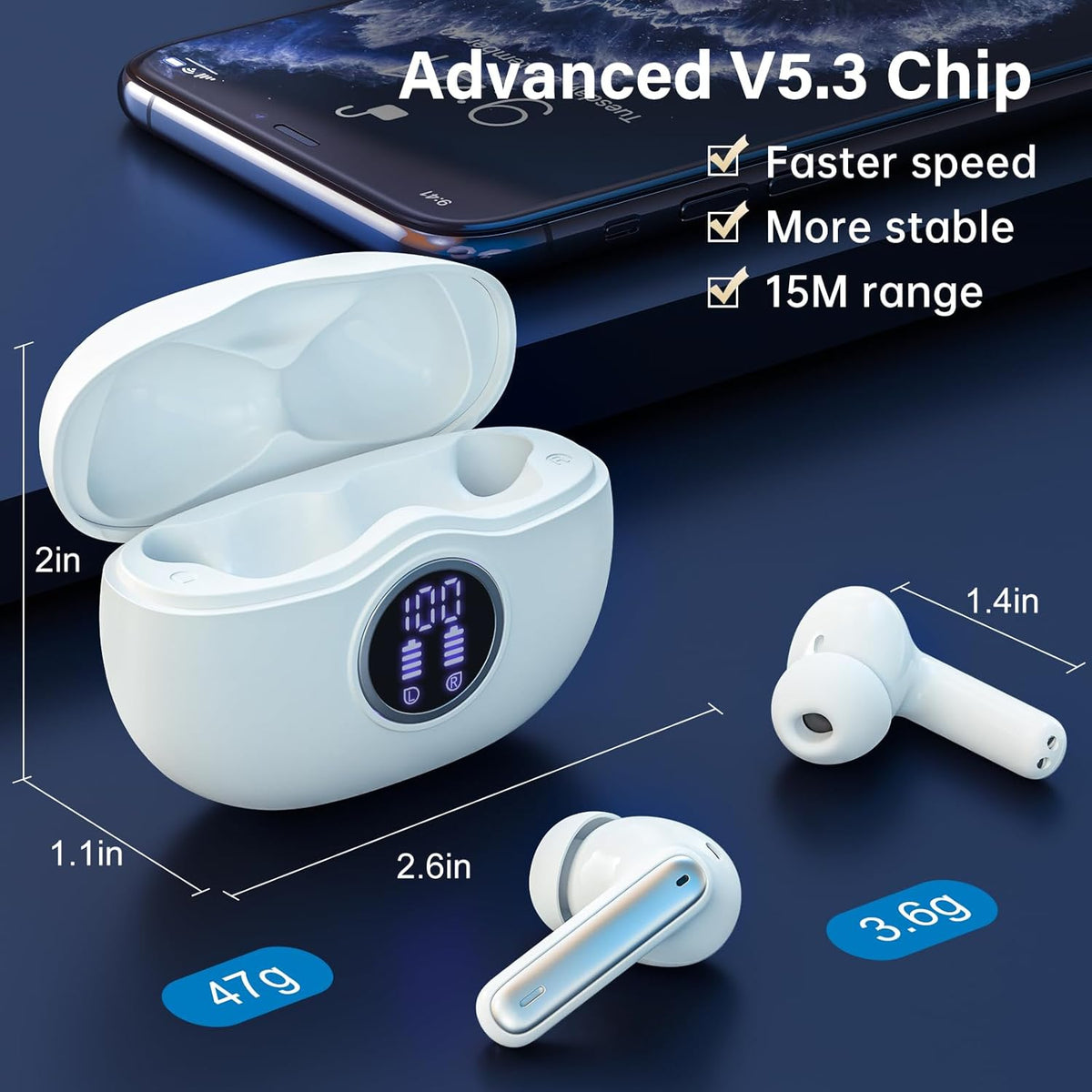 A10 Pro Wireless Earbuds, Bluetooth 5.3 Headphones HiFi Stereo 50H Playback LED Digital Display Ear Buds with ENC Noise Canceling Headset, IPX7 Waterproof Earphones for Gym/Running/Work