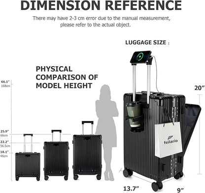 feilario 20in Aluminium Frame PC Hard Shell Spinner Wheels Luggage, Built-In TSA lock Carry on Suitcase, with Cup Holder, USB Port, Phone Holder