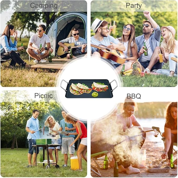 11pcs 19Inch Nonstick Taco Griddle Pan, Rectangular Cast Iron Griddle, Comales para Tortillas Cooking Pan for Stove Tops | 2 - Burner, Detachable Handles | Stove/Outdoor/Camping