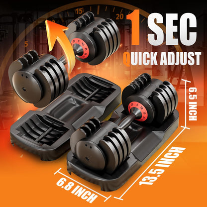 VEICK 25/55 lbs Adjustable Dumbbell with Anti-Slip Turning Handle, Fast Adjust Weight for Men Women, Exercise Equipment with Tray for Home Gym Full Body Workout Fitness