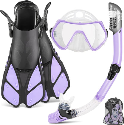 ZEEPORTE Mask Fin Snorkel Set, Travel Size Snorkeling Gear for Adults with Panoramic View Anti-Fog Mask, Trek Fins, Dry Top Snorkel and Gear Bag for Swimming Training, Snorkeling Kit Diving Packages