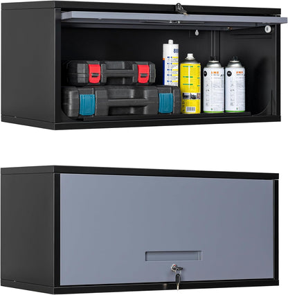 Yizosh Metal Garage Wall Cabinet with Doors, Wall Mounted Metal Storage Cabinet, Floating Garage Tool Cabinet for Garage, Basement, Kitchen, Warehouse (Black Gray, 13.7" H)