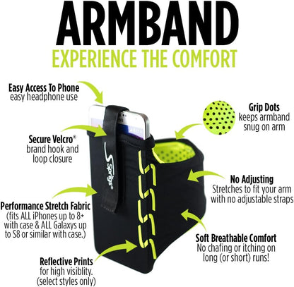 Sprigs Phone Armband Sleeve for iPhone 14, 13, 12, 11, X Galaxy Z, S22, S21, S20 Google Pixel 7, 6, 5. The Lightest & Most Comfortable Running Armband, Stretches to Fit All Phones with Case for Women & Men