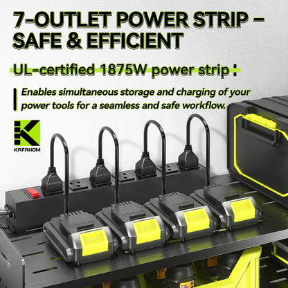 KAFAHOM Power Tool Organizer with Charging Station,9 Drill Holder Wall Mount,4 Layer Durable Metal Cordless Drill Storage for Garage Organization,Battery Tool Rack Built in 7 Outlet Power Strip Black