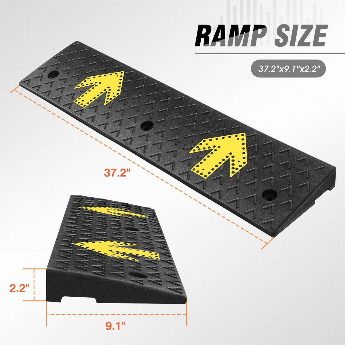 DNA MOTORING 2pcs 2.2" Rise Rubber Arrow Curb Ramp Heavy Duty Loading Driveway Ramps Threshold Ramp 37.2in L x 9.1in W x 2.2in H for Loading Dock, Warehouse, Wheelchair, Motorcycles, Cars, TOOLS-00648