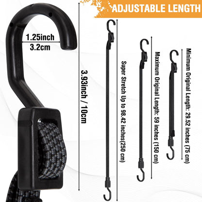 Bungee Cords with Hooks Heavy Duty, Flat Adjustable Bungee Cords with Hooks 60 Inch, Rubber Black Bungee Straps with Buckle Hooks for Outdoor, Camping, Tarps, Bike Rack, Tent, Truck, 4 Pack