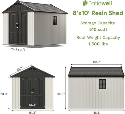 Patiowell 8 x 10 FT Resin Outdoor Storage Shed with Floor, Plastic Shed with Window and Lockable Door for Garden, Backyard, Tool Storage Use, Easy to Install in Beige (Kick-it Shed)