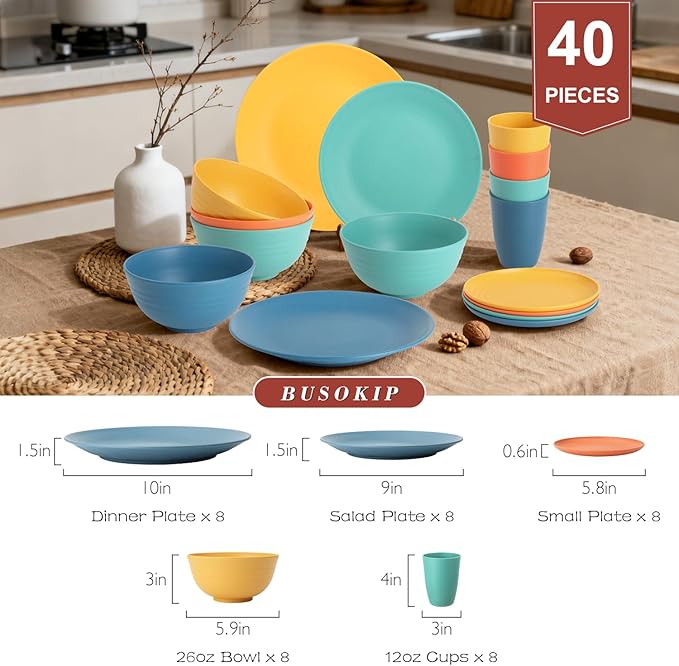 Wheat Straw Dinnerware Sets 40 PCS| Plates and Bowls Sets for 8, Unbreakable Dinner Plate, Dessert Plates, Cereal Bowl, Drinking Cups, Microwave Safe Dishes Set for Kitchen, Outdoor - Multi