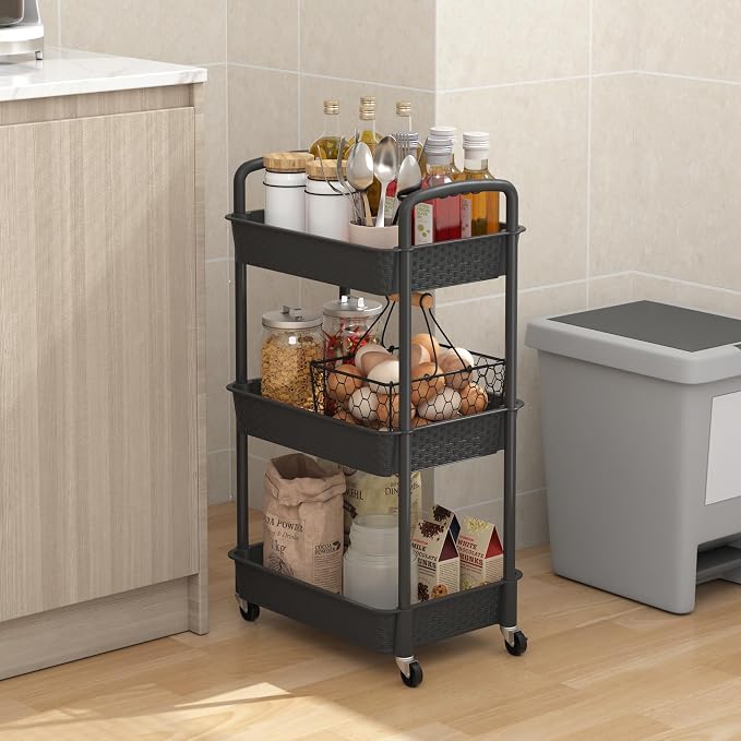 MOYIPIN 3-Tier Plastic Rolling Utility Cart with Handle,Utility Storage Cart for Office, Living Room, Kitchen,Movable Storage Organizer Shelves,Black
