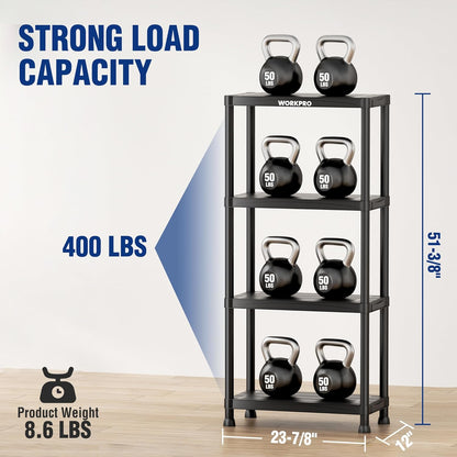 WORKPRO 4-Tier Plastic Storage Shelves, 400lb Capacity Shelving Unit, 51.4" H x 23.9" W x 12" D, Storage Rack for Garage, Home, Pantry, Office, Laundry, Tool-Free Assembly, Black