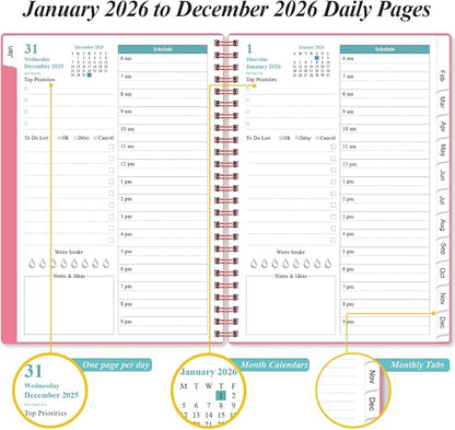 Daily Planner 2026 Full Page Per Day- 2026 Daily & Monthly Planner from January 2026 to December 2026, Day Planner 2026 with 12 Months Tabs, 6.4" x 8,5", Pink
