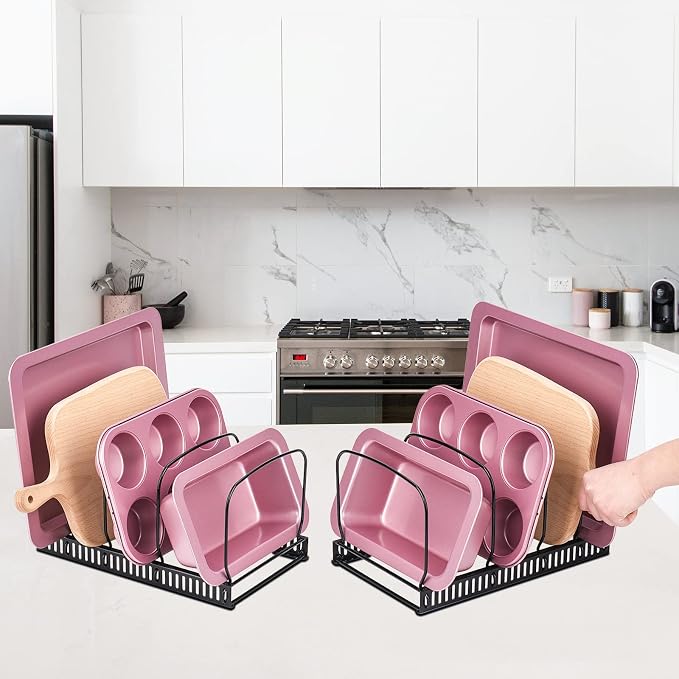 Toplife 10+ Bakeware Organizer Rack for Kitchen Bakeware, Cookware, Dinnerware, Cutting Boards, Plates, Pot and Pan Lids (Black)