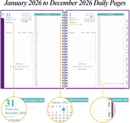 Daily Planner 2026 Full Page Per Day- 2026 Daily & Monthly Planner from January 2026 to December 2026, Day Planner 2026 with 12 Months Tabs, 8.5" x 11", Purple