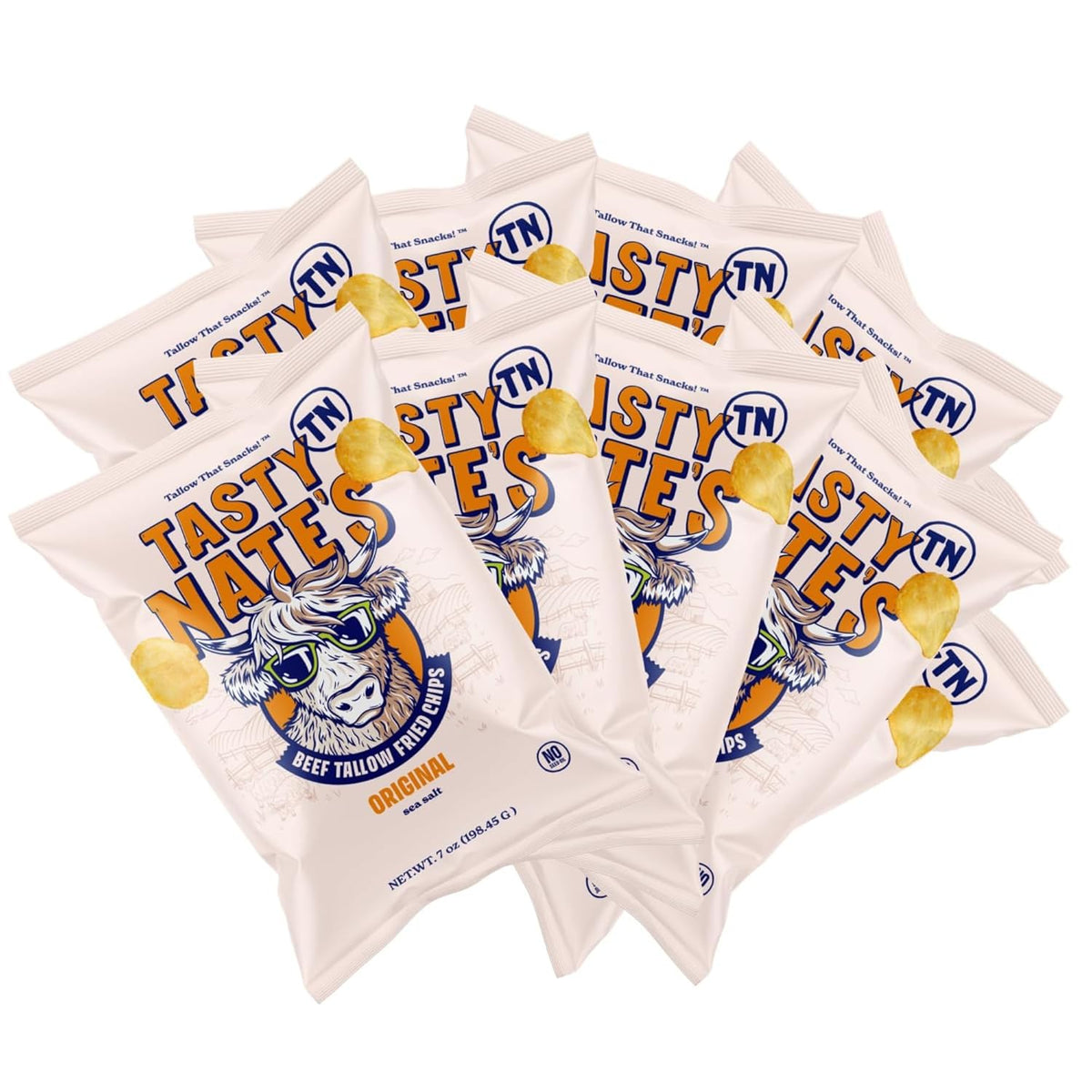 Tasty Nate’s Beef Tallow Potato Chips - Original Sea Salt, Fried in 100% Beef Tallow - Seed Oil Free Chips, Paleo Snacks for Adults, 7oz Bag - Pack of 10