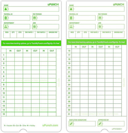 uPunch 300 Time Cards for Green HN3000 AutoAlign Time Clocks (HNTCG1300)