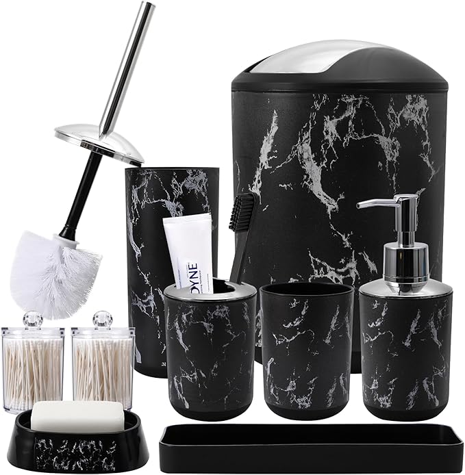 Black Marble Bathroom Accessories Set, Black Bathroom Set with Trash Can, Vanity Tray, Soap Dispenser, Soap Dish, Toothbrush Holder, Toothbrush Cup, Toilet Brush and Qtip Holders for Bathroom