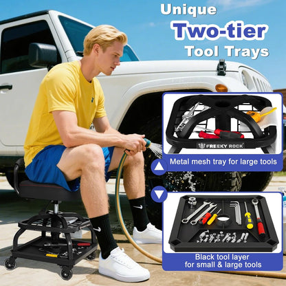 Rolling Shop Stool with Wheels, Garage Mechanic Shop Chair with Handle Backrest, Adjustable Height Work Stool, Roller Seat with Tool Tray Storage, Heavy Duty, 330 LBS Capacity, Black