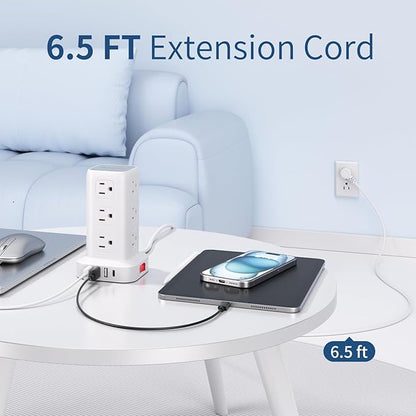 Surge Protector Power Strip 6.5 FT Cord, Power Strip Tower with 4 USB Ports (1USB C), Extension Cord with 12 AC Multiple Outlets, Home Office Supplies Desk Accessories, Dorm Room Essentials