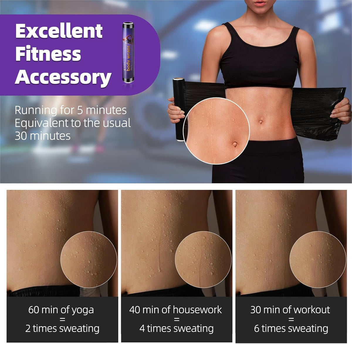 60 Meters Black Osmotic Plastic Body Wrap, Workout & Sweat Enhancer Stomach Film Body Applicator Power Wrap (4 Rolls)
