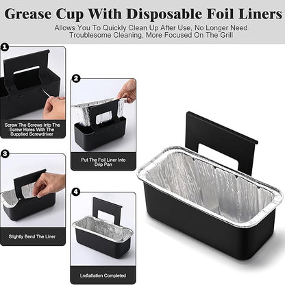Grill Grease Catcher for Blackstone Griddle with 10 Pack Grease Cup Liners Aluminum Foil Tray Pan Drip Tray Pan for 17, 22, 28 & 36 inches Griddle (Short Hook + Long Hook)