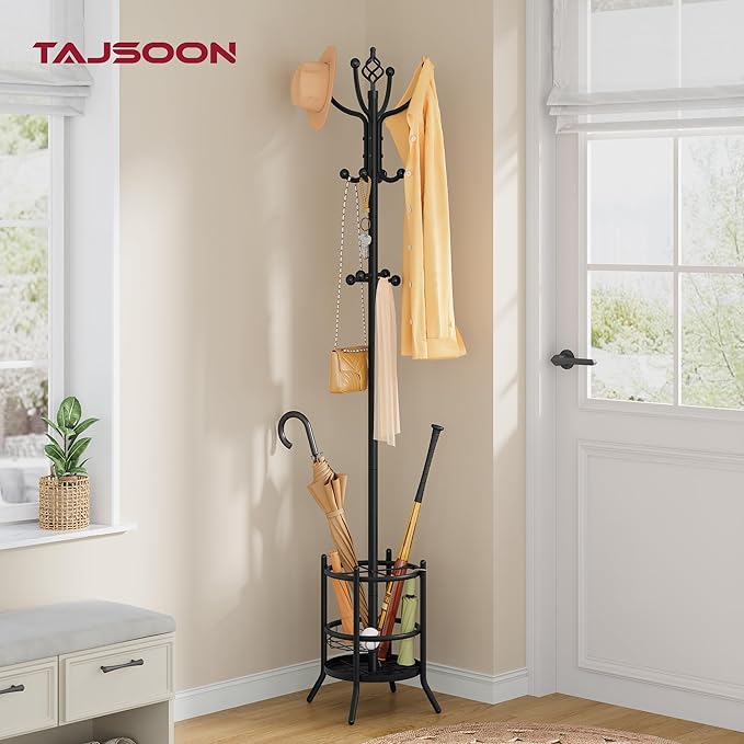 Tajsoon Coat Rack Stand with Umbrella Holder, Coat Tree Freestanding with 16 Hooks, Coat Hangers Stand for Living Room, Bedroom, Office, Black