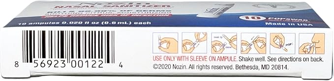 Nozin® Nasal Sanitizer® Antiseptic Popswab® Ampules 10ct Pack | Kills 99.99% of Germs | Alcohol Based 62%