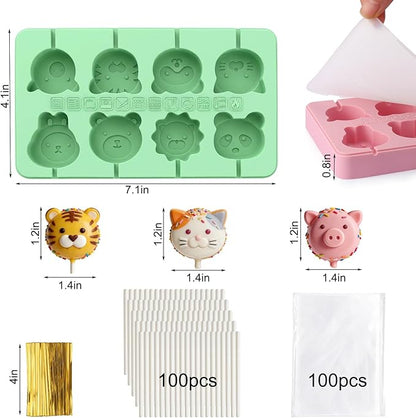 Juome Cake Pop Mold Kit, 2 Pack 16 Cavities Animal Shape Cakesicle Molds Silicone with 100 Wooden Sticks&100 Packaging Bags, Cake Pop Maker Supplies Accessories, Baking Tools for Home Baking Desserts