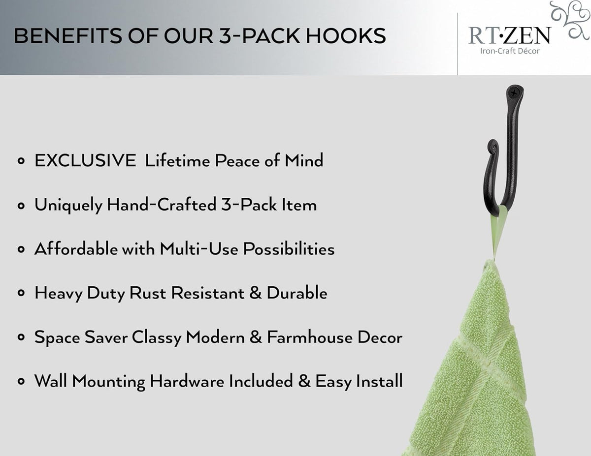 RTZEN Wall Mount Hook Set - Wrought Iron Decorative Rustic Metal Coat Hooks for Hanging - Handcrafted Classic Farmhouse Wall Mounted Black Hooks for Towel Robe or Hat Hanging - 3 Pack